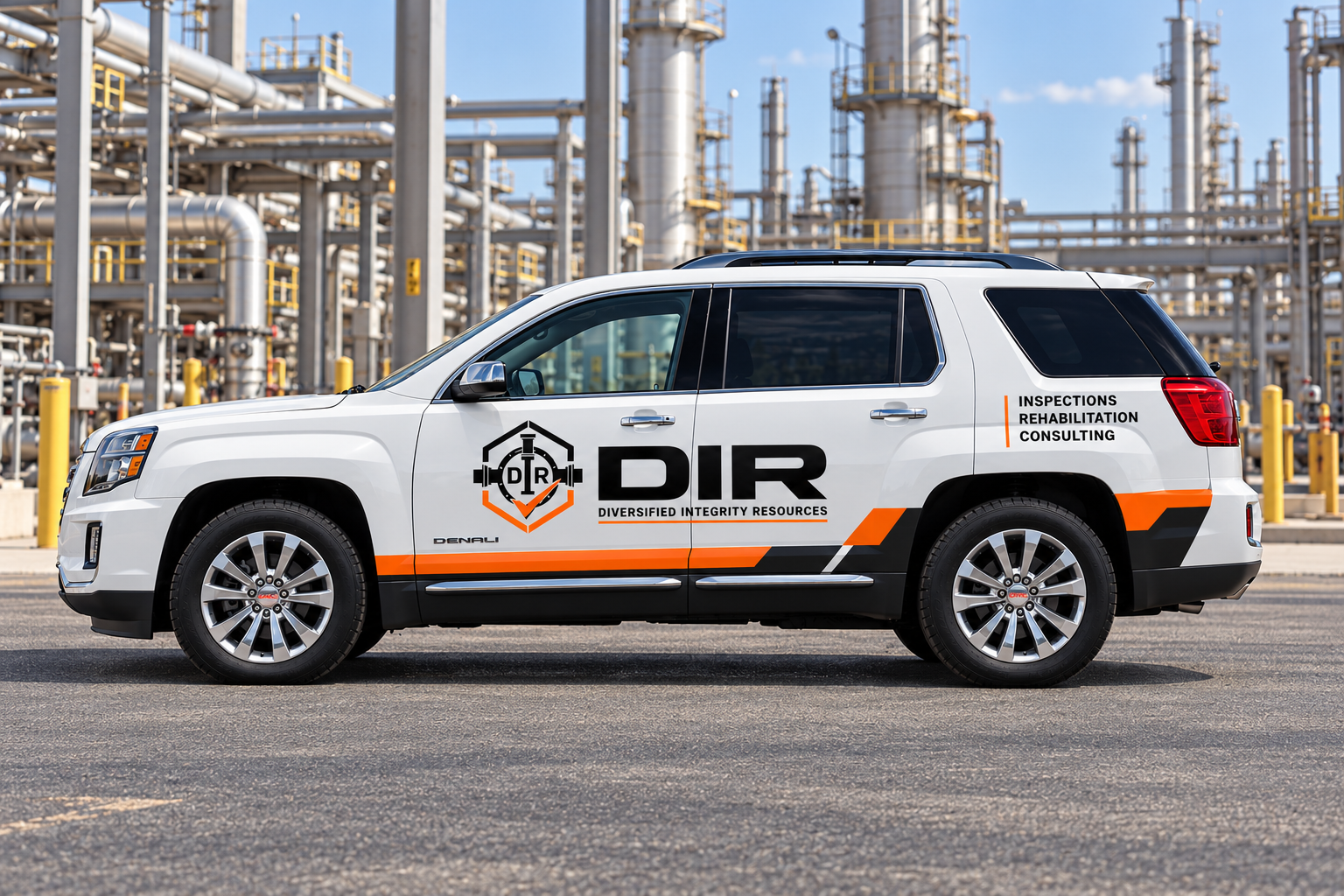 Driver-side view of the DIR branded GMC Terrain inside a refinery