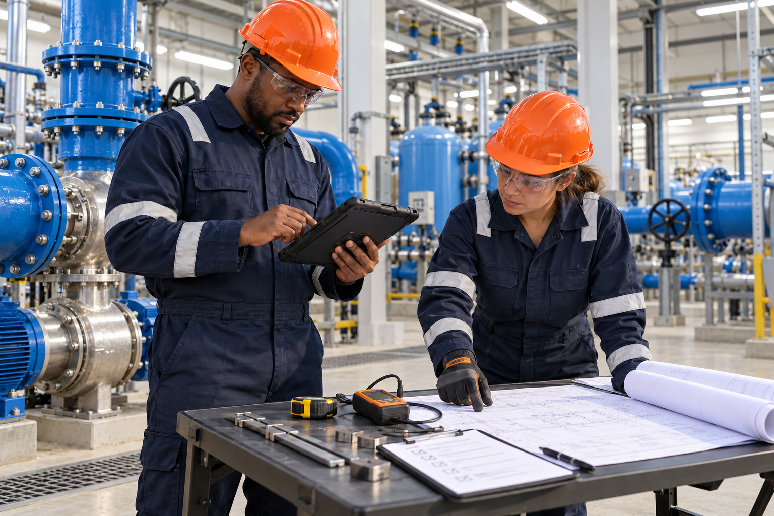 Inspection professionals reviewing project drawings and quality records inside a water treatment plant