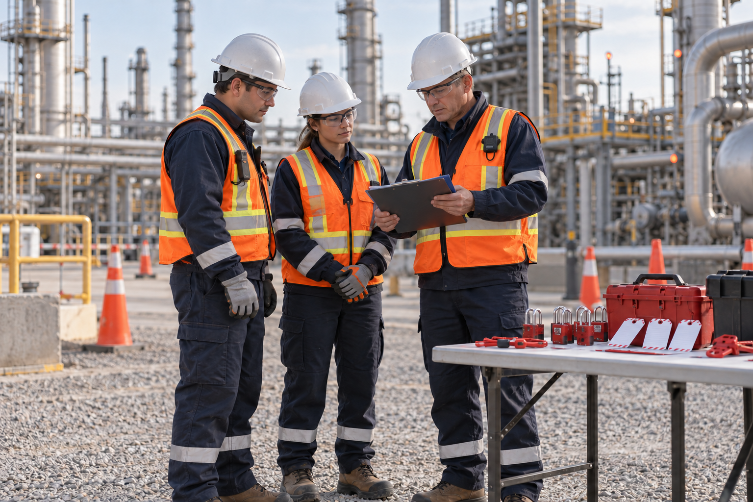 Industrial supervisor and contractors reviewing pre-inspection permits and isolation planning